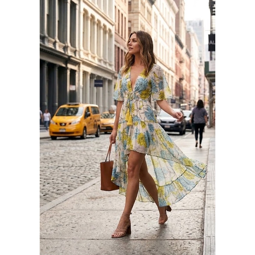 Alexis Floral Hi-Low Midi Dress | Citron & Dusty Blue Boho Summer | Size L